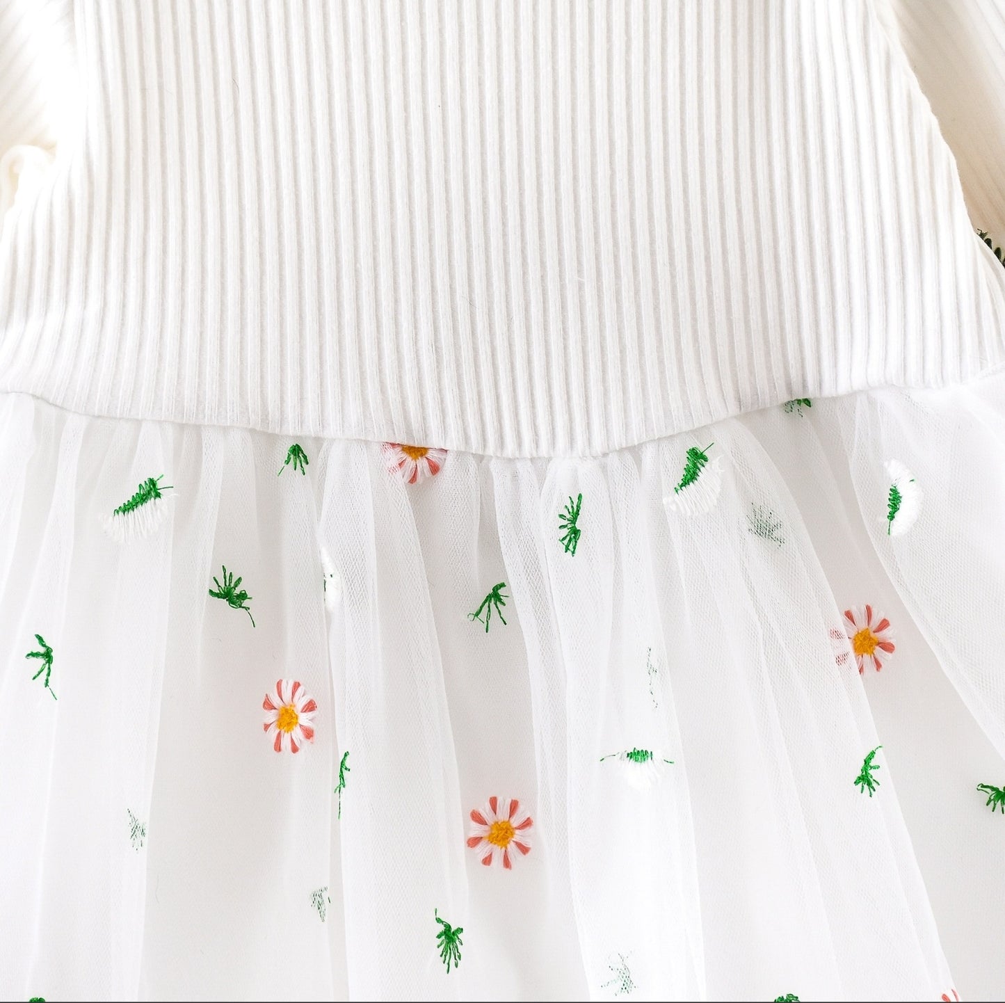 Baby Ribbed Long-Sleeve Splicing Floral Embroider Dress