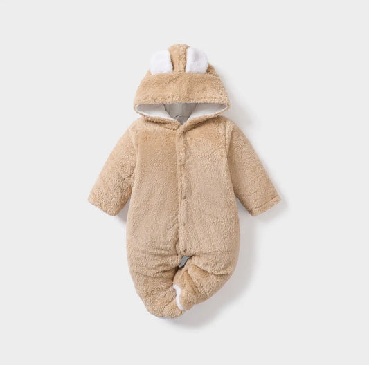 Solid Hooded 3D Bear Baby Jumpsuit