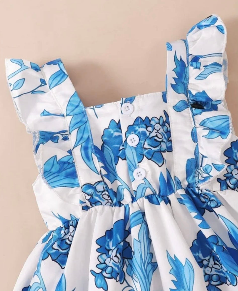 Blue Floral Bow Baby Girl Dress