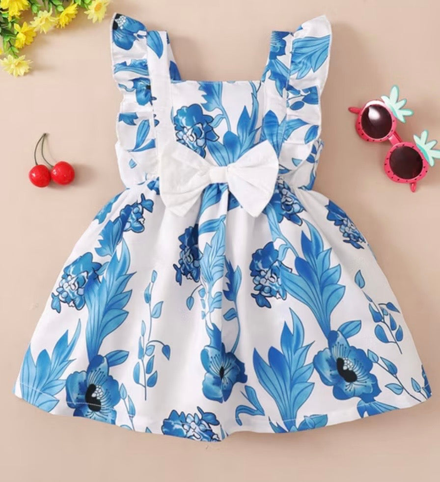 Blue Floral Bow Baby Girl Dress