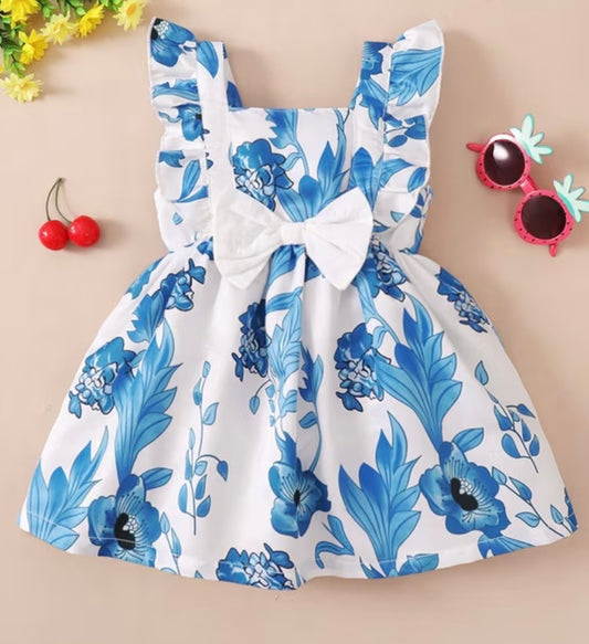 Blue Floral Bow Baby Girl Dress