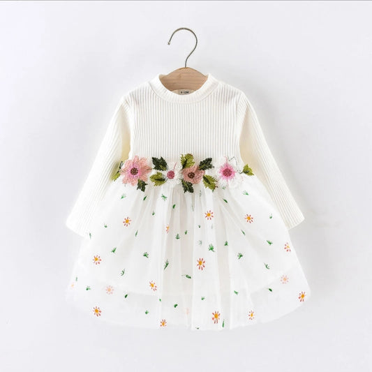 Baby Ribbed Long-Sleeve Splicing Floral Embroider Dress