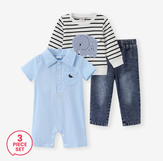 3-Pack Baby Boy Cotton Sweatshirt, Denim Jeans, Jumpsuit Set