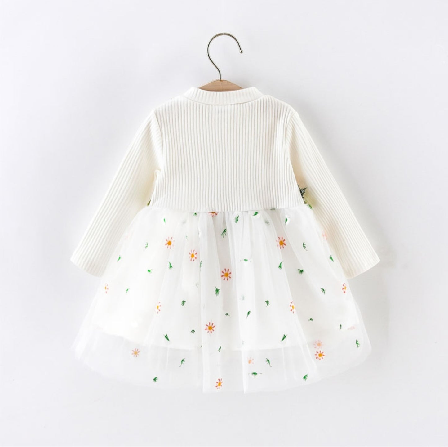 Baby Ribbed Long-Sleeve Splicing Floral Embroider Dress